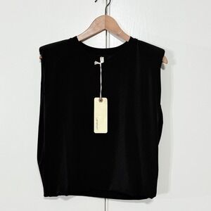 Black Sleeveless Shoulder-Pad Tank Top - LinenFox
